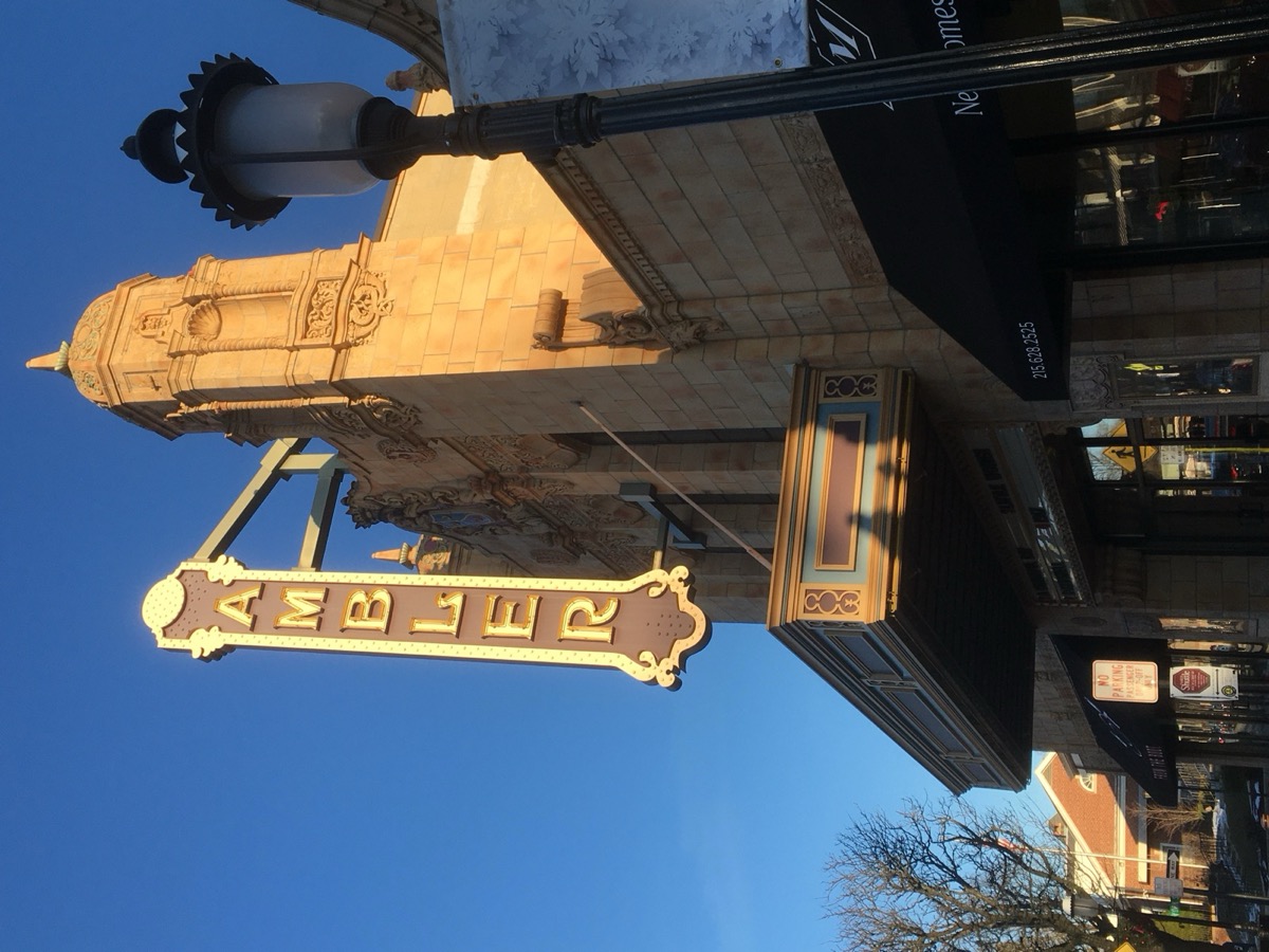The Ambler Theater's ornate facade on Butler Avenue at golden hour, Ambler Borough, Montgomery County PA