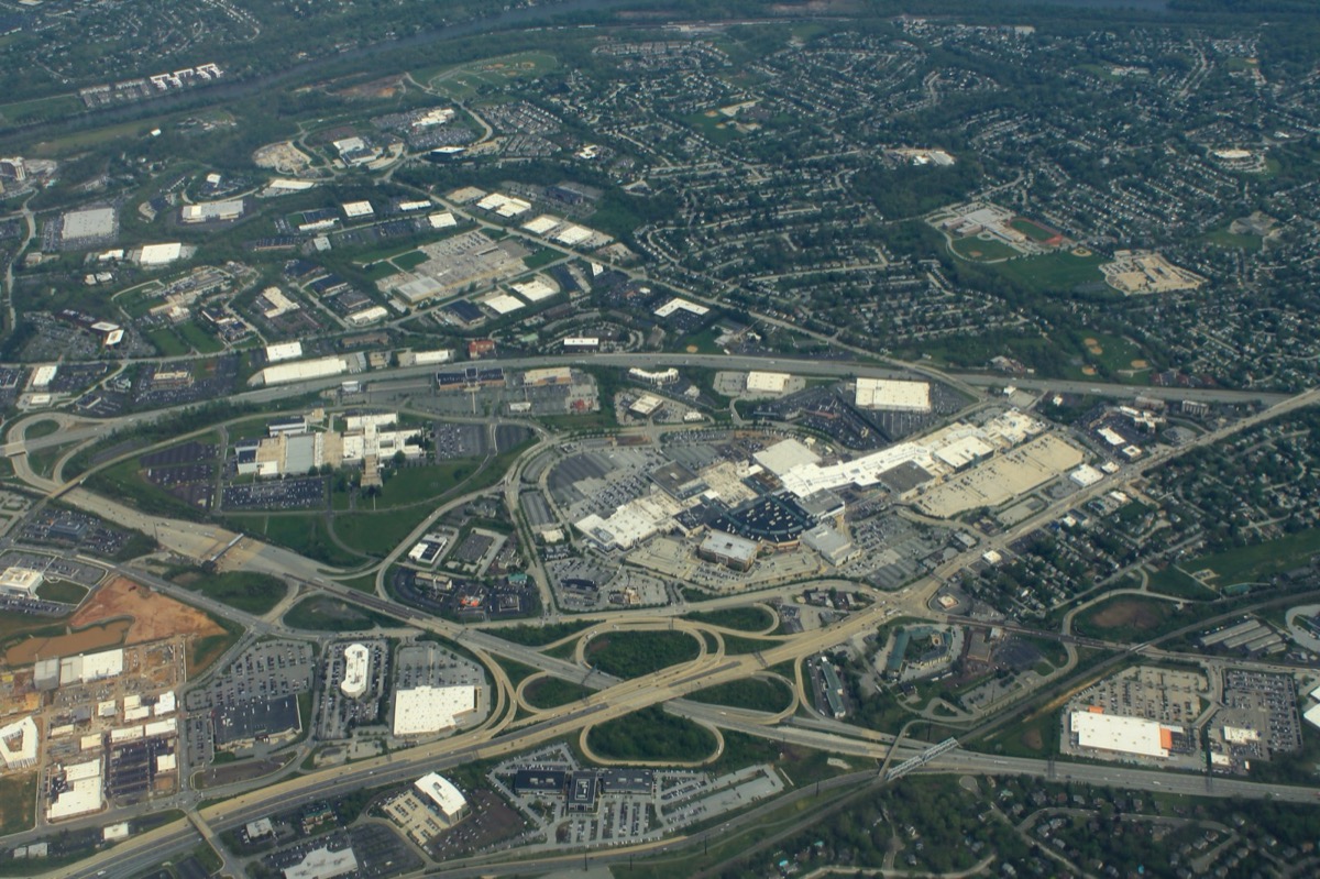 Aerial view of the King of Prussia Mall and highway interchange, Montgomery County PA